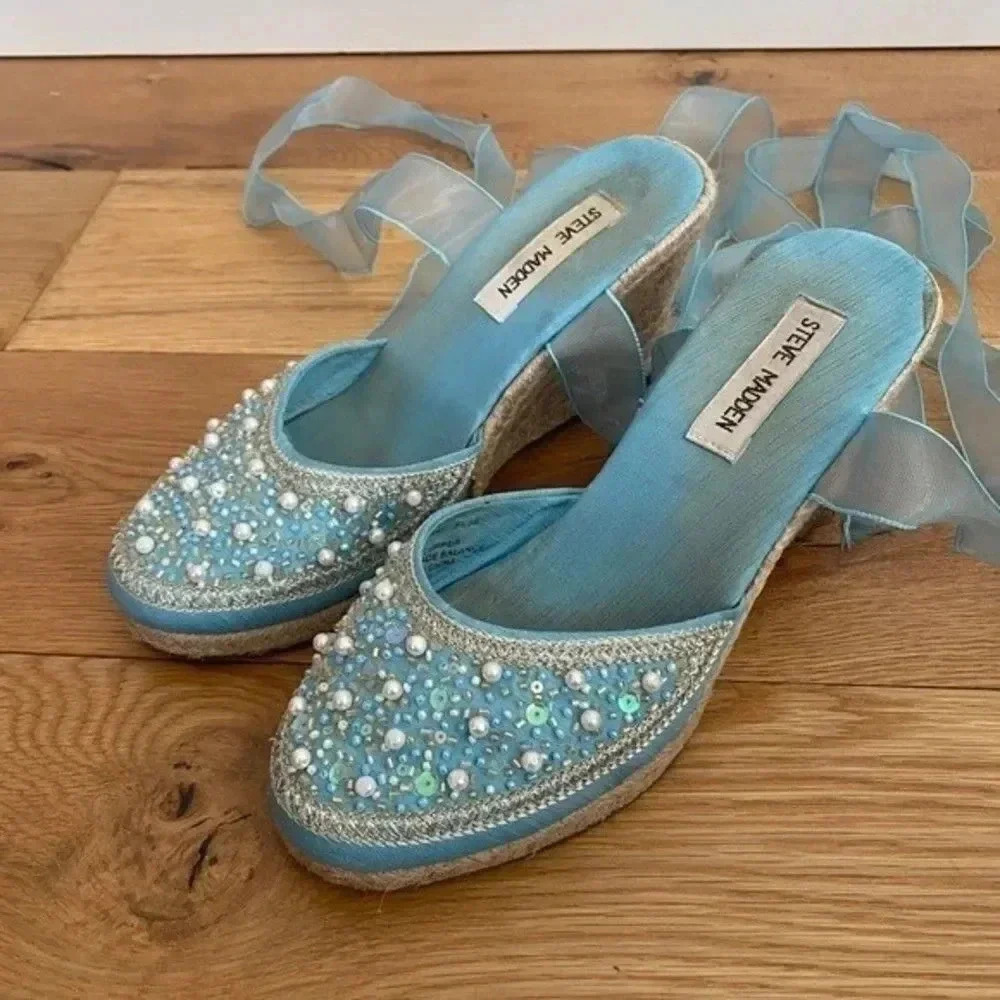 Steve Madden Blue Beaded Espadrilles Tie Up Wedges - Picture 11 of 15